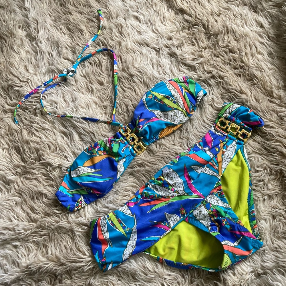 Trina Turk blue colorful print gold hardware bikini set womens 8